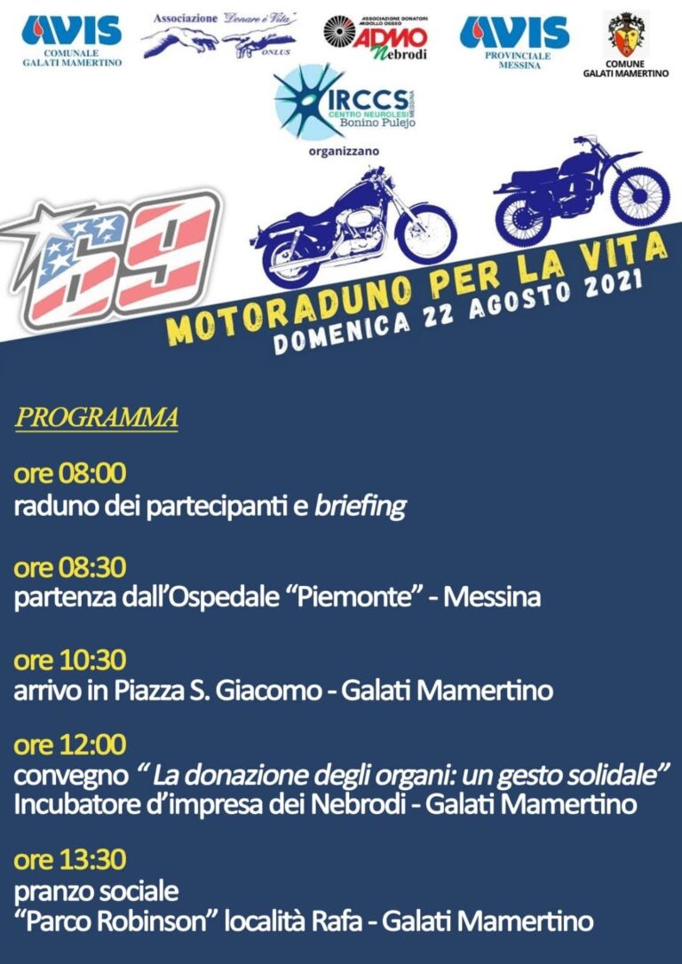 Galati Mamertino, domenica 22 agosto moto raduno per sensibilizzare alla donazione di organi