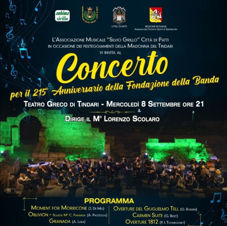 Tindari: domani concerto al teatro greco in occasione del 215° anniversario della fondazione della banda musicale di Patti