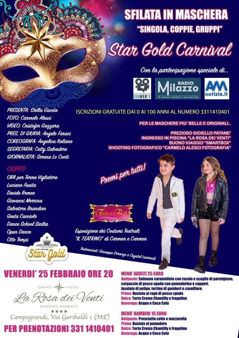 Carnevale di Miss e Mister Star Gold, Venerdì 25 Febbraio alla Rosa dei Venti