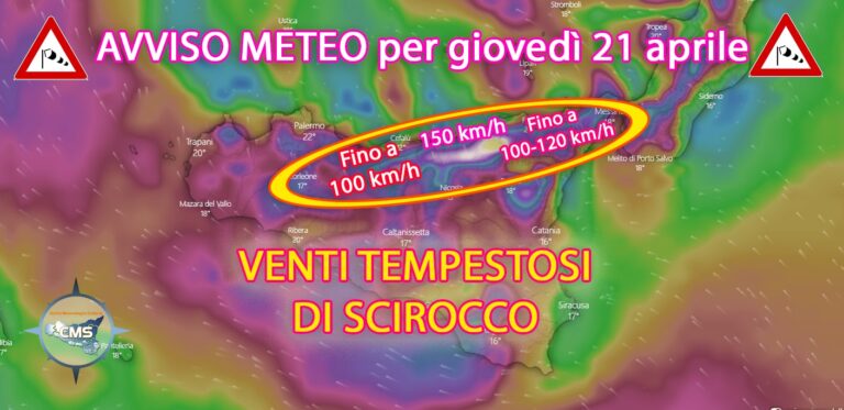 Forte sciroccata in arrivo sulla Sicilia: su settore tirrenico e Nebrodi previste raffiche di 130-150 km/h