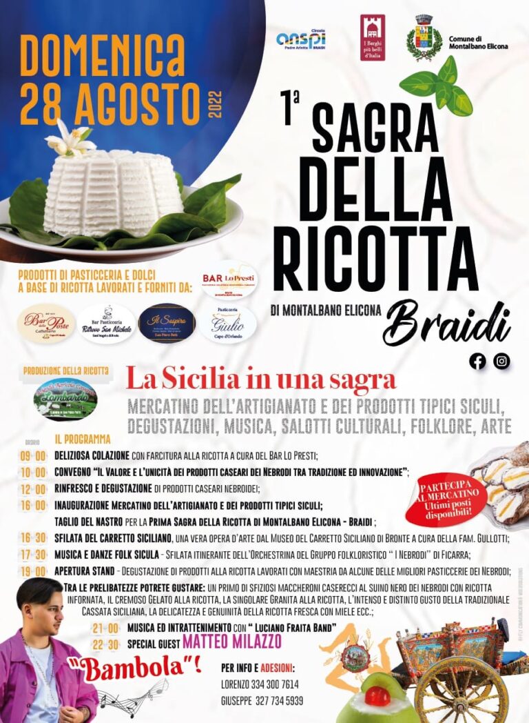 Montalbano Elicona, il 28 agosto la 1a “Sagra della Ricotta” a Braidi