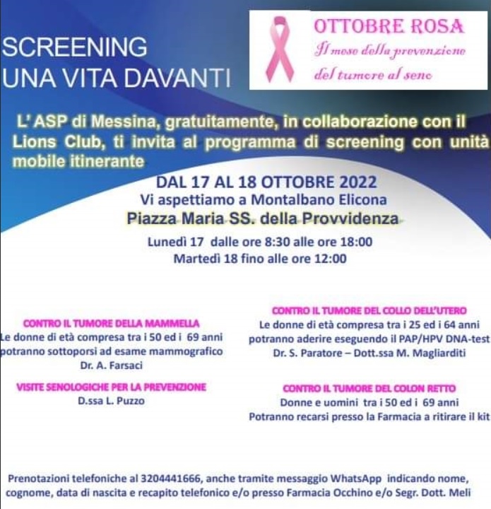 Montalbano Elicona: oggi e domani le “Giornate di promozione degli screening oncologici”