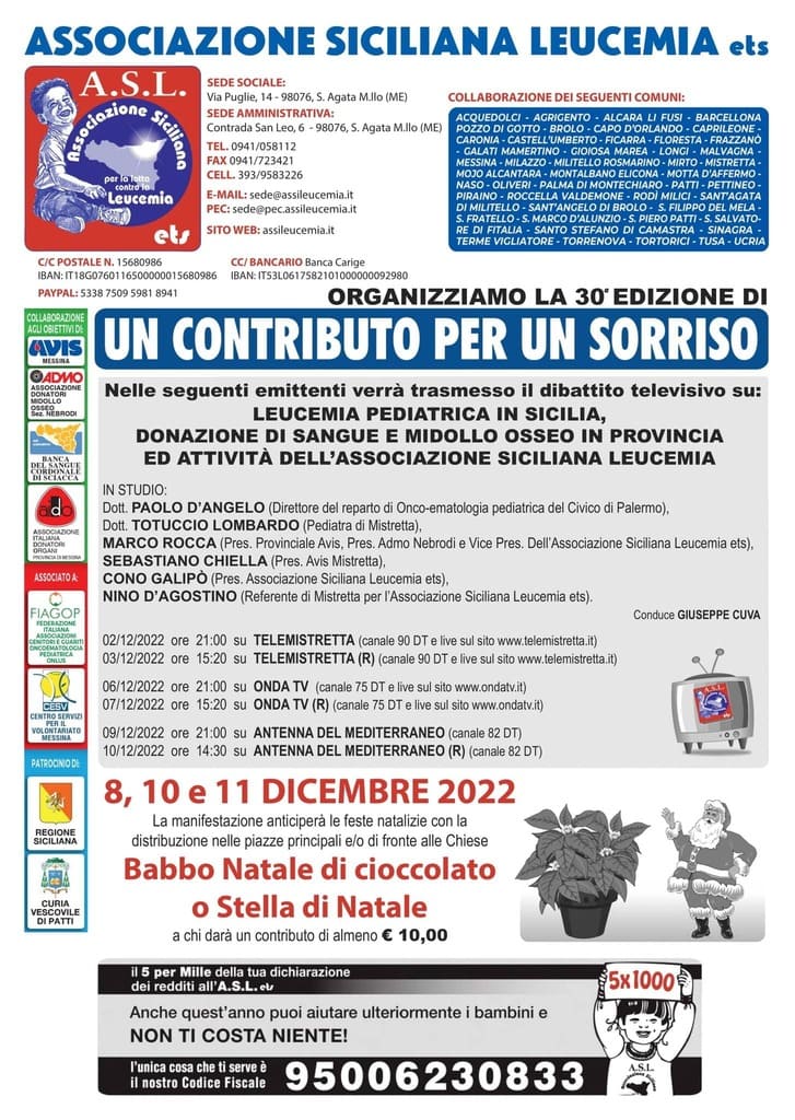 “Un contributo per un sorriso” – L’Associazione Siciliana Leucemia in piazza 8, 10 e 11 dicembre