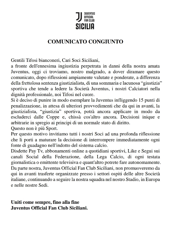 Juventus penalizzata di 15 punti? Pronte le “contromisure” dei 54 Juventus Official Fan Club della Sicilia