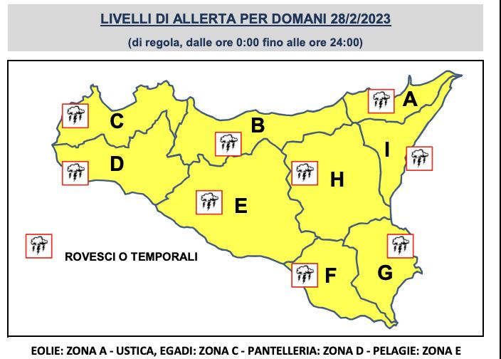 Sicilia – Allerta meteo gialla anche per la giornata di domani, martedì 28 febbraio