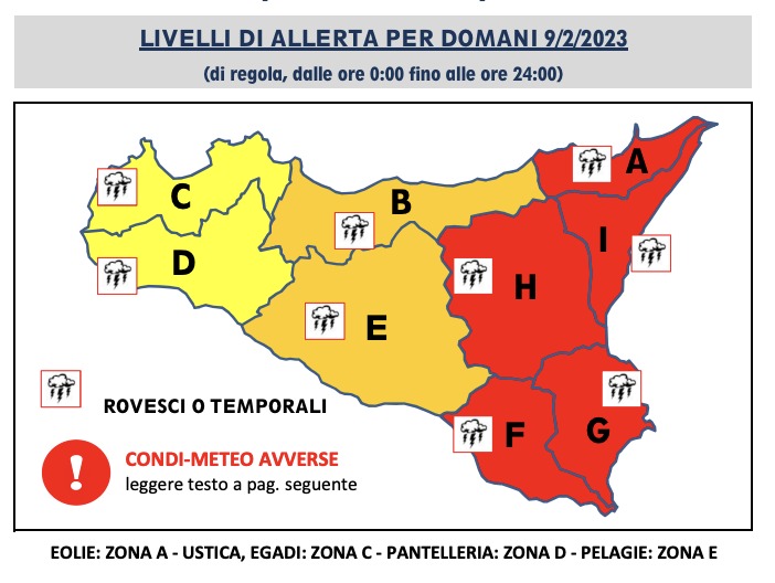 Sicilia Orientale, la protezione civile dirama allerta meteo per la giornata di domani 9 febbraio