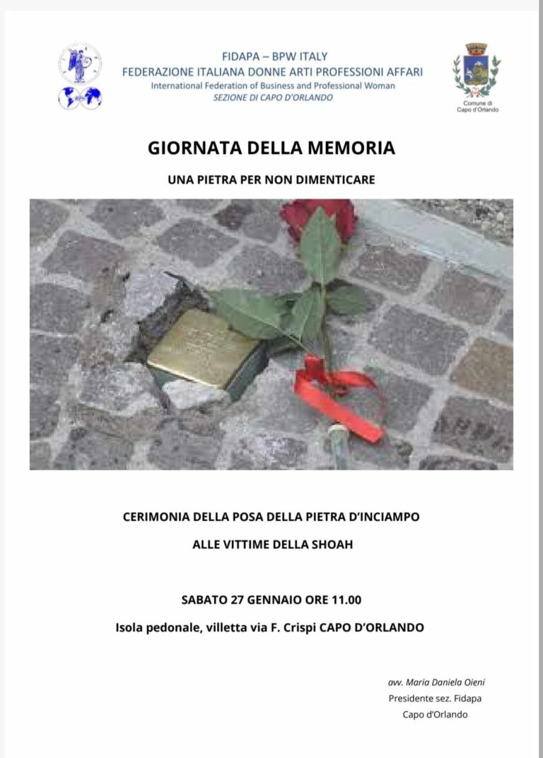 Capo d’Orlando – Isola Pedonale: Memoria della Shoah. Il 27 gennaio cerimonia di posa della pietra di inciampo . Iniziativa della Fidapa