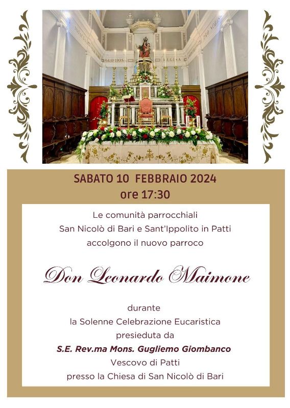 Patti: domani cerimonia di insediamento alla parrocchia di San Nicolò di Bari del nuovo parroco Padre Leonardo Maimone