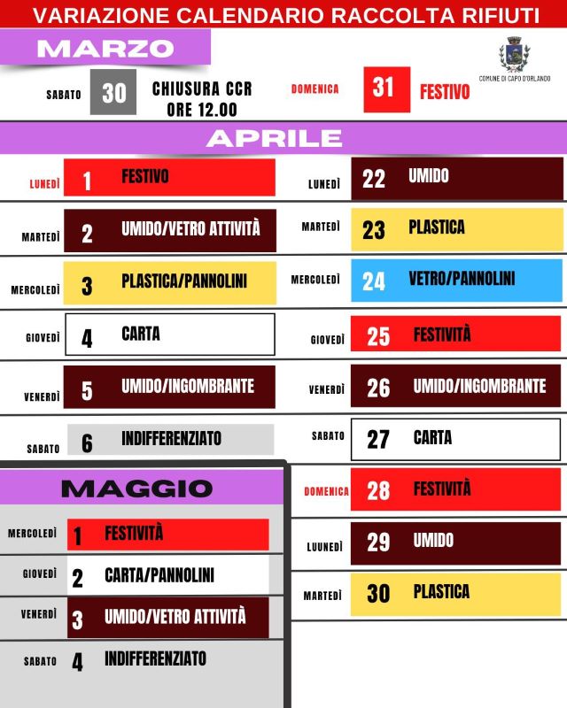 Capo d’Orlando: raccolta rifiuti, le variazioni in alcuni giorni a marzo, aprile e maggio