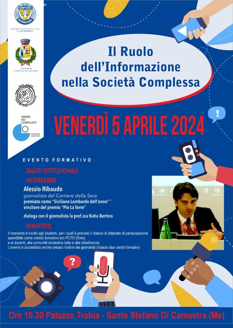 Santo Stefano di Camastra: domani a Palazzo Trabia evento formativo su ruolo dell’informazione nella società complessa. Relatore il giornalista Alessio Ribaudo