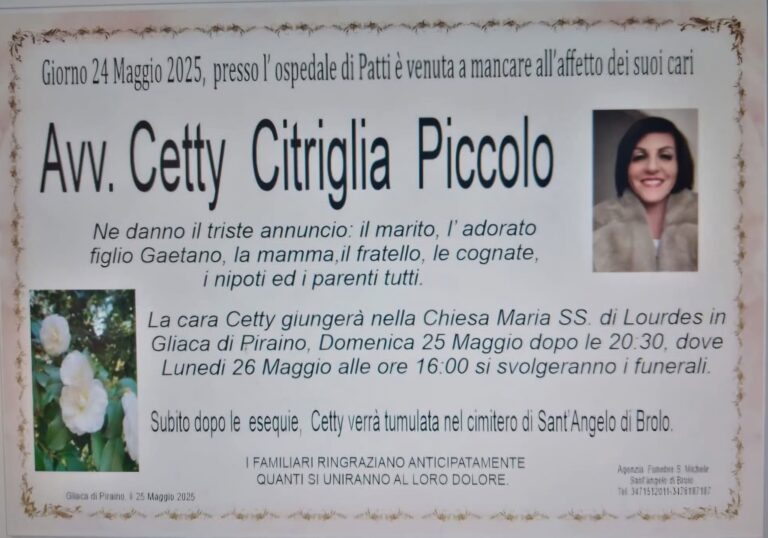 Lutto sui Nebrodi per la scomparsa dell’Avvocato Cetty Citriglia Piccolo, il cordoglio della comunità forense