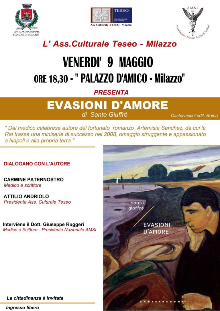 Milazzo: Sarà presentato il libro “Evasioni d’amore” dello scrittore Santo Gioffrè