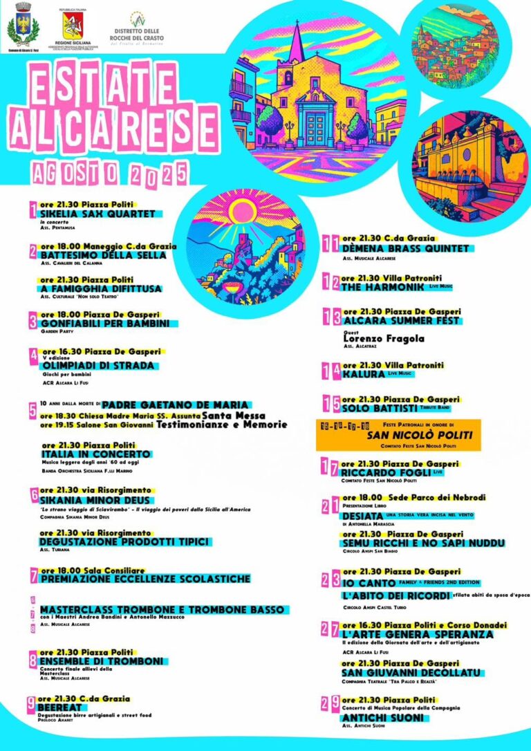 Alcara Li Fusi – Agosto pieno di eventi con Lorenzo Fragola, Riccardo Fogli, street food e tanto altro