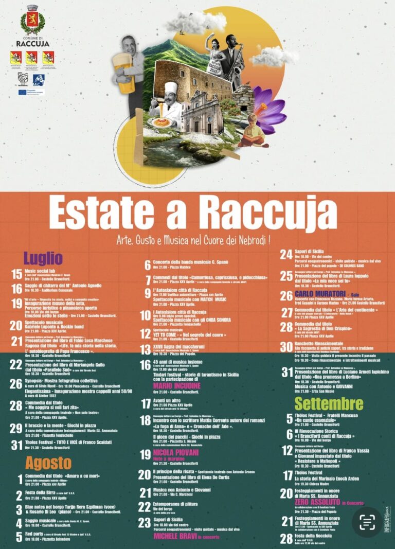 Estate a Raccuja 2025: arte, gusto e musica nel cuore dei Nebrodi. In arrivo Piovani, Michele Bravi e gli Zero Assoluto