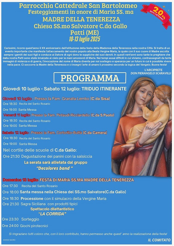 Frazione Gallo di Patti: il 20° anniversario della festa di Maria Santissima Madre della Tenerezza