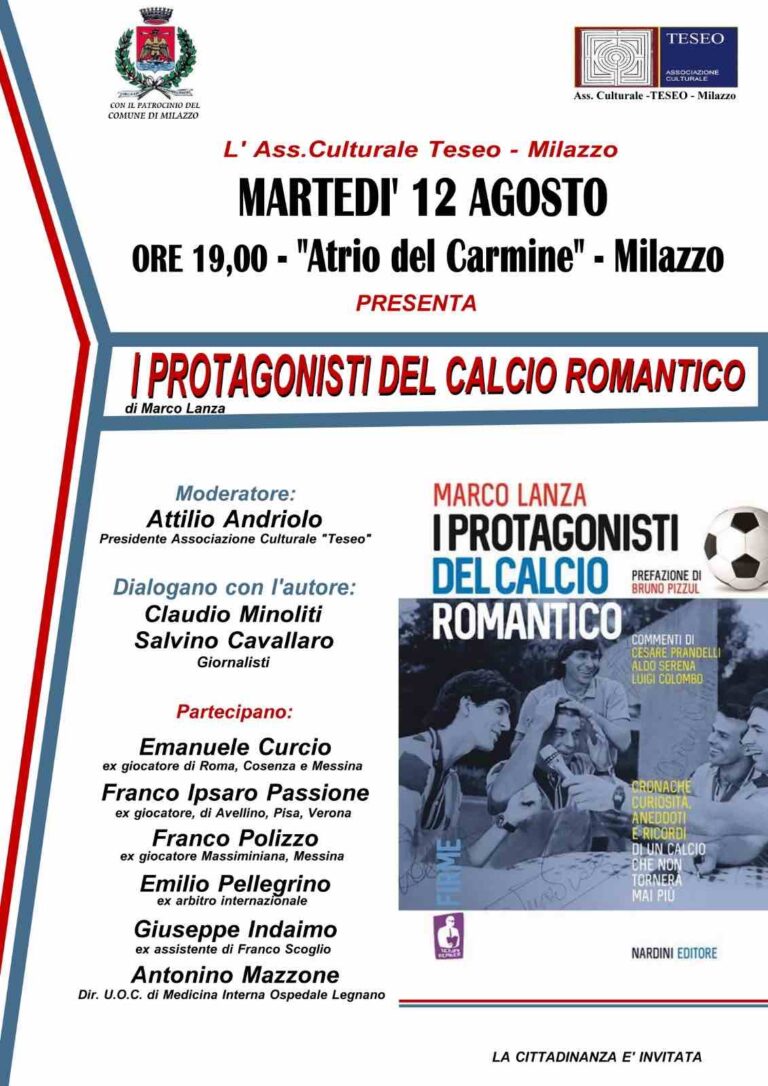 Milazzo: L’ “Associazione Culturale Teseo“ presenta il libro di Marco Lanza ”I protagonisti del calcio romantico“