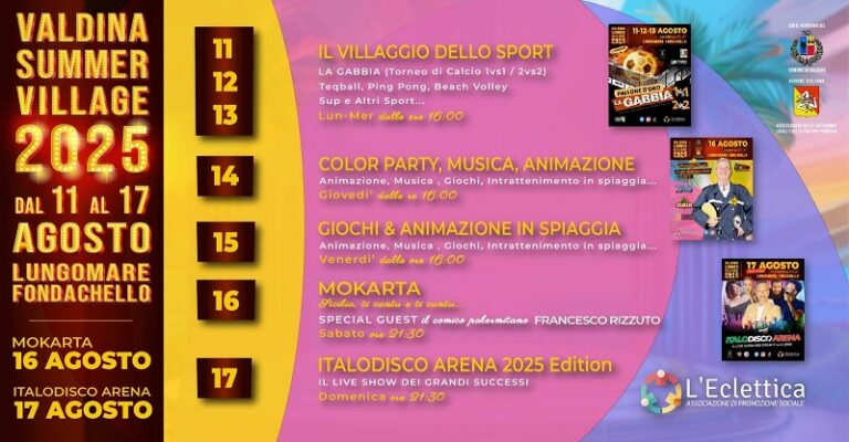 Valdina: dall’11 al 17 agosto si accende il “Valdina Summer Village” sul lungomare di Fondachello